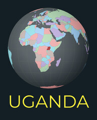 World map centered to Uganda. Red country highlighted. Satellite world view centered to country with name. Vector Illustration.