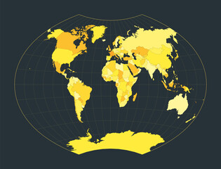 World Map. Ginzburg VI projection. Futuristic world illustration for your infographic. Bright yellow country colors. Radiant vector illustration.