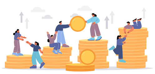 Business team work together and help each other. Concept of success teamwork, partnership, money growth. Vector flat illustration of people climb on stairs of coin stacks