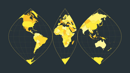 World Map. Interrupted sinusoidal projection. Futuristic world illustration for your infographic. Bright yellow country colors. Neat vector illustration.
