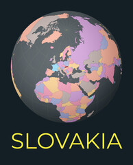 World map centered to Slovakia. Red country highlighted. Satellite world view centered to country with name. Vector Illustration.
