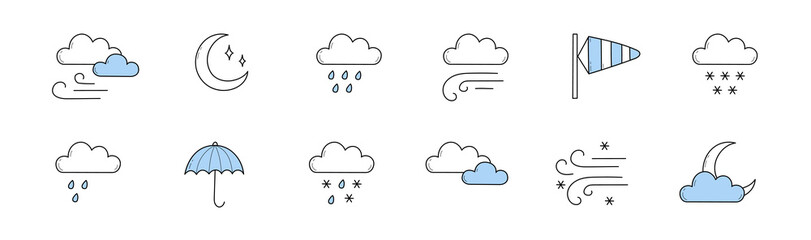 Obraz premium Weather icons, meteorology forecast signs with moon, clouds, water drops, snowflakes, and umbrella. Vector doodle set of symbols of wind storm, rain, snow, clear night sky, overcast, and blizzard