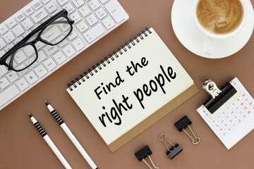 Find The Right People written on paper, on a wooden table with a cup of coffee, white keyboard. Top...