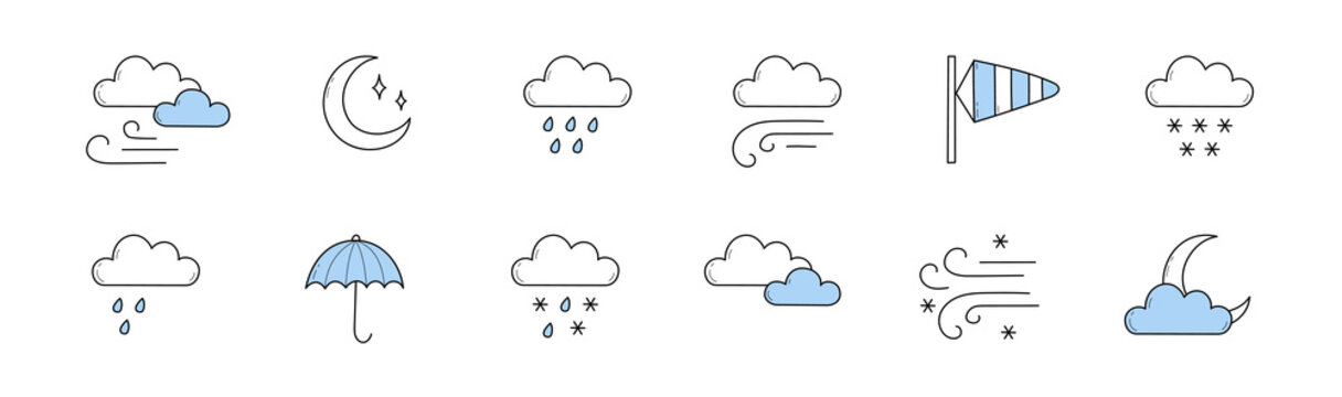 Weather icons, meteorology forecast signs with moon, clouds, water drops, snowflakes, and umbrella. Vector doodle set of symbols of wind storm, rain, snow, clear night sky, overcast, and blizzard