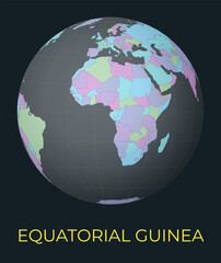 World map centered to Equatorial Guinea. Red country highlighted. Satellite world view centered to country with name. Vector Illustration.