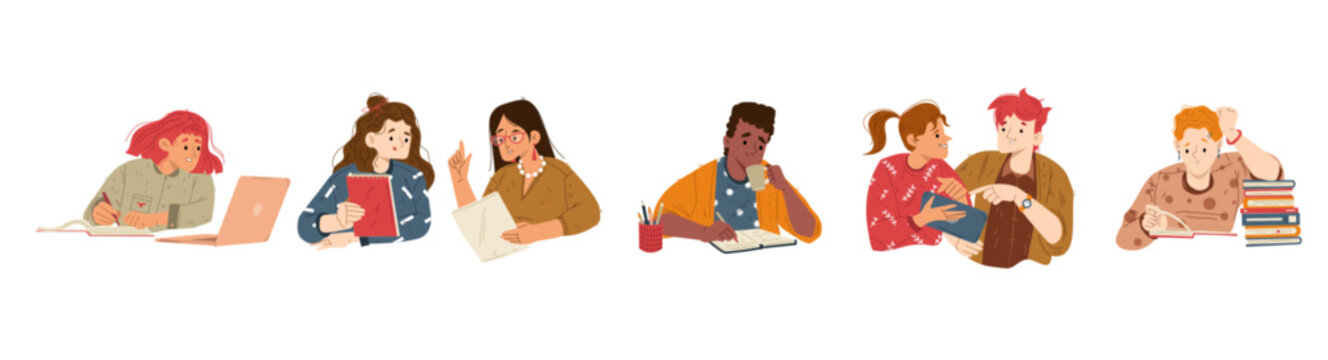 Students study with books and laptop, read and write together. Vector flat illustration of young people learning in education class, university or college library