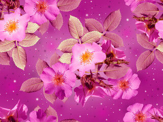Seamless pattern with pink flowers and foliage on a purple background.
