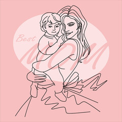 Young happy mother with a baby in her arms in lineart style.  Mother Day Vector Card