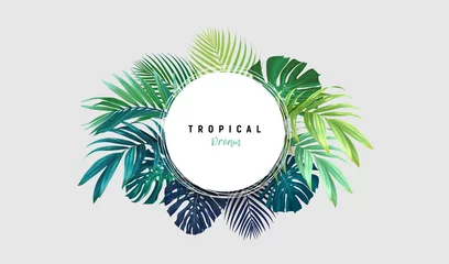 Poster Summer tropical background with exotic palm leaves and hibiscus flowers. Vector floral background. © Ms.Moloko