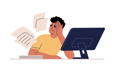 Man tired of hard working, burnout at work. Guy at office sits by the table with computer. Unhappy person overworked. Hand drawn vector illustration isolated on white background. Flat cartoon style.