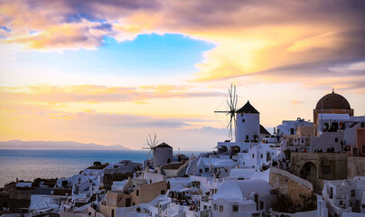 The banner of travel in summer at  Santorini view point in Sunset sky scene at Oia Village,Santorini,Greece