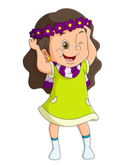 The girl is winking at someone and wearing a flower crown