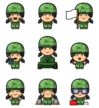 The cute army girl is wearing the green mottle uniform of mascot bundle set