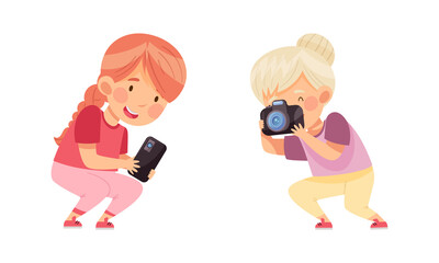 Cute little girls taking photo using mobile devices cartoon vector illustration