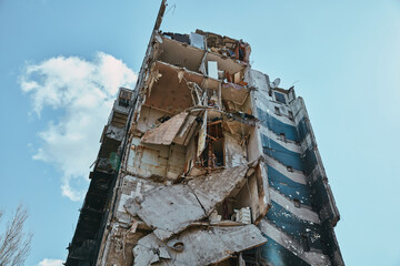 damaged building from Russian troops in Ukraine, city of Borodianka 2022, 30 april, Russian...