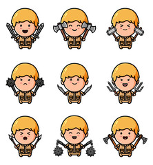 Fototapeta premium The collection of the mascot boy with the different twin sword bundle set