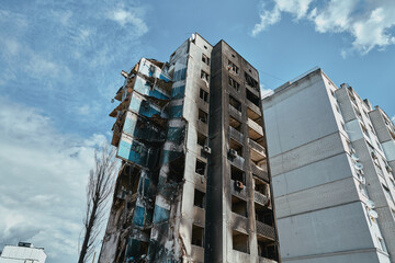 damaged building from Russian troops in Ukraine, city of Borodianka 2022, 30 april, Russian invasion of Ukraine war torn city.