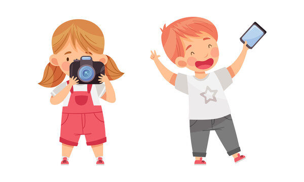 Adorable happy little boy and girl taking photo using smartphone and camera cartoon vector illustration