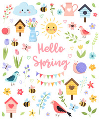 Spring set with birds and flowers and gardening 