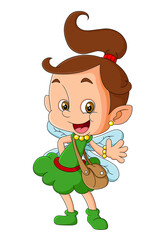 The cute fairy tooth with the tooth bag is waving the hand