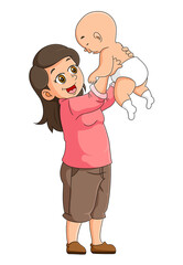 The mother is lifting the little baby