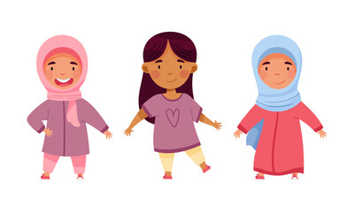 Cute girls of different nationalities standing together cartoon vector illustration