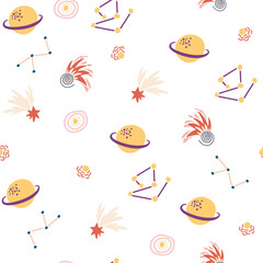 Space seamless pattern. Cosmic. Background with cartoon planets and stars. Perfect for children's designs, wallpaper, textile and print. Vector Hand draw illustration