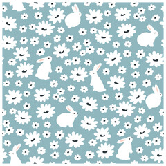 お花畑にいるうさぎのシームレスなパターン