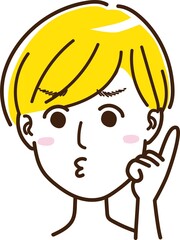 男性　女性　中性的　短髪　顔　表情　怒り顔　怒る　叱る　指差し　金髪　外国人