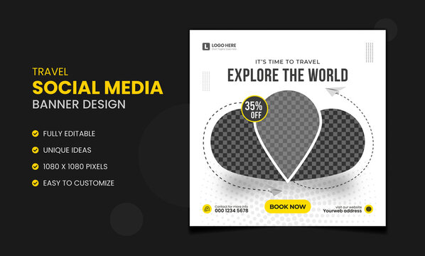 Travel social media post template design for social media, Adventure travel social media post or web banner template design, Holiday and tour advertising banner design