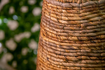 palm trees planted in a wooden basket at night with lights out of focus with grain