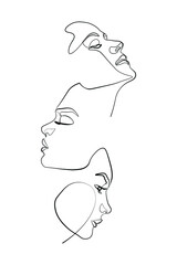 Surreal Faces Continuous line, drawing of set faces and hairstyles, fashion concept, woman's beauty, minimalist, vector illustration, pretty sexy. Take care of yourself.