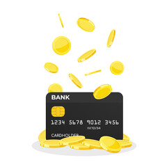 Coins fall on the bank card,  flat vector illustration. Crediting funds to a bank account. Cash back service concept.