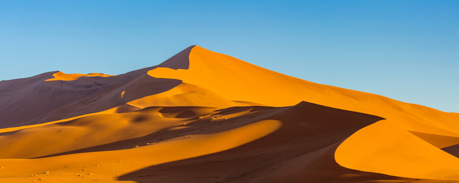 Panorama of sand dunes in the Namib desert at sunset, Namibia; abstract patterns of light and shadow