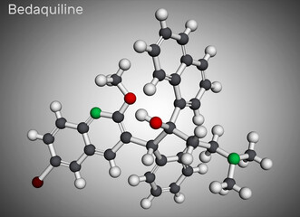 Bedaquiline antituberculosis drug molecule. It is diarylquinoline antimycobacterial medication. Molecular model