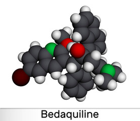 Bedaquiline antituberculosis drug molecule. It is diarylquinoline antimycobacterial medication. Molecular model.