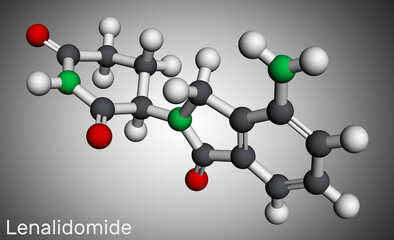 Obraz premium Lenalidomide molecule. It is immunomodulatory drug with antineoplastic, anti-angiogenic, anti-inflammatory properties. Molecular model.