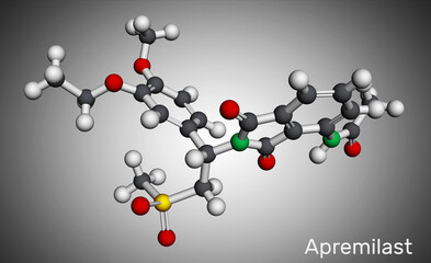 Apremilast drug molecule. It is non-steroidal medication used for the treatment psoriasis, psoriatic arthritis. Molecular model
