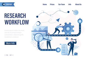 Research workflow, landing page template. Successful teamwork, team building. Various business people working. Business project, time management. Financial analysis.