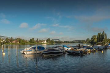 Fototapeta na wymiar Boats on the Rhine, Stein am Rhein, Canton Schaffhausen, Switzerland
