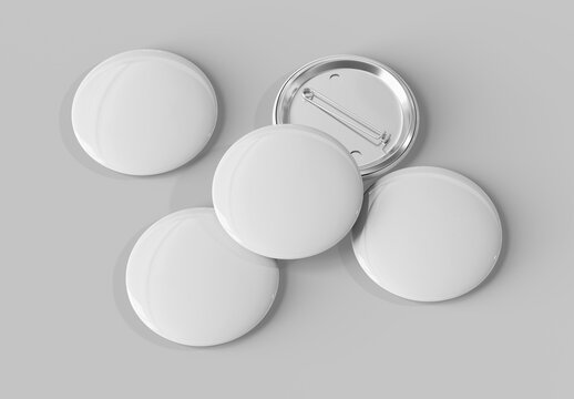 Badge mockup isolated on white. 3d rendering template of five pins buttons with reflections and shadows.