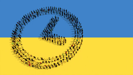 Concept or conceptual community of people forming the clock icon on Ukrainian flag.  3d illustration metaphor for no time, countdown,  risk, danger, urgency, help, need and stopwatch