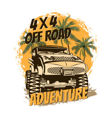Typography for t-shirt print with safari suv.Off-road car in the desert.Adventure grunge poster.