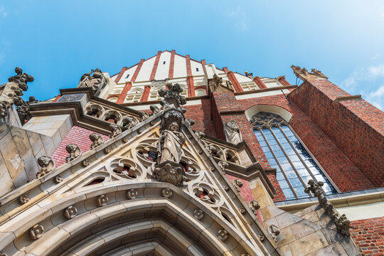 Architectural detail of the beautiful gothic church in Nysa located on the market square. Basilica of st. James the Apostle and St. Agnieszka in Nysa. Gothic style