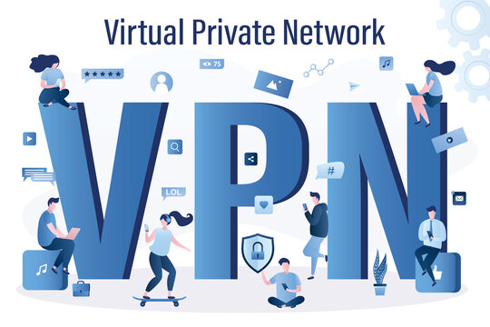 Global communication. Various people use VPN services to bypass blocking and bans. Software for free use of websites, messengers and social networks. Group of characters uses smart gadgets.