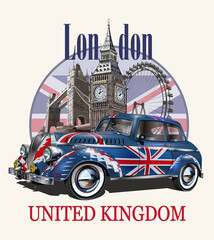 London vintage poster with Big Ben and retro car painted up as British flags.