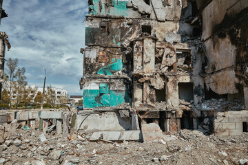damaged building from Russian troaops in Ukraine, city of Borodianka 2022, 30 april, Russian...