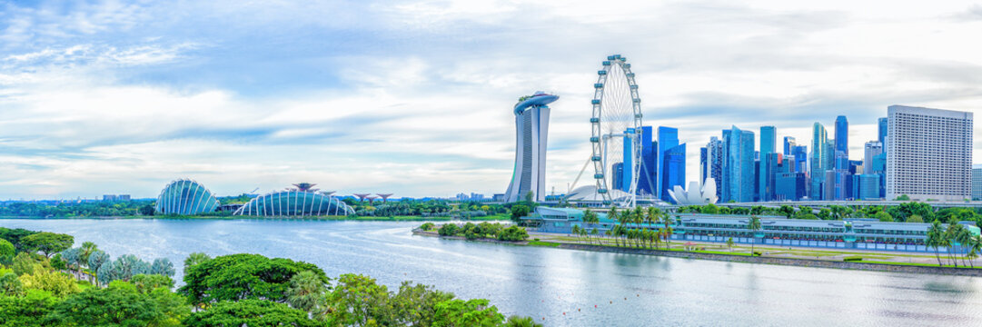 panoramic landscape scenery of Singapore city along Marina bay waterfront