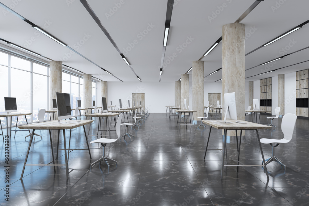 Poster minimalistic bright spacious coworking office interior with panoramic city view and reflections. 3d 