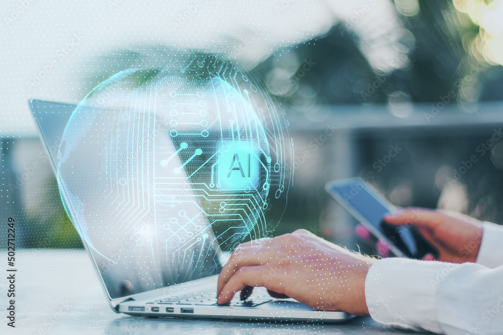 Poster close up of businessman hands using laptop and smartphone with abstract glowing ai sphere on blurry 